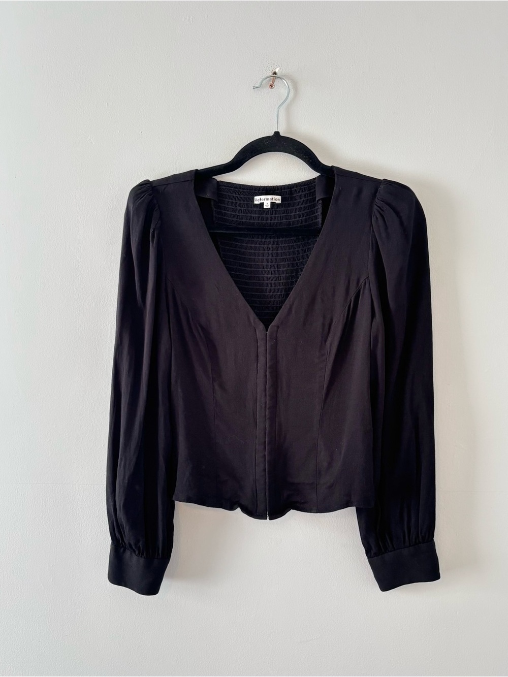 Reformation V-Neck Clasp Front Blouse Long Sleeve Top Puff Sleeve Black